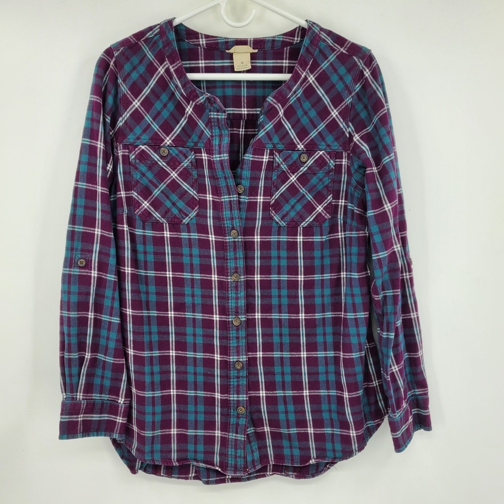 Duluth Trading Co Womens‎ Purple Teal Plaid Flannel Button Down Shirt Size M